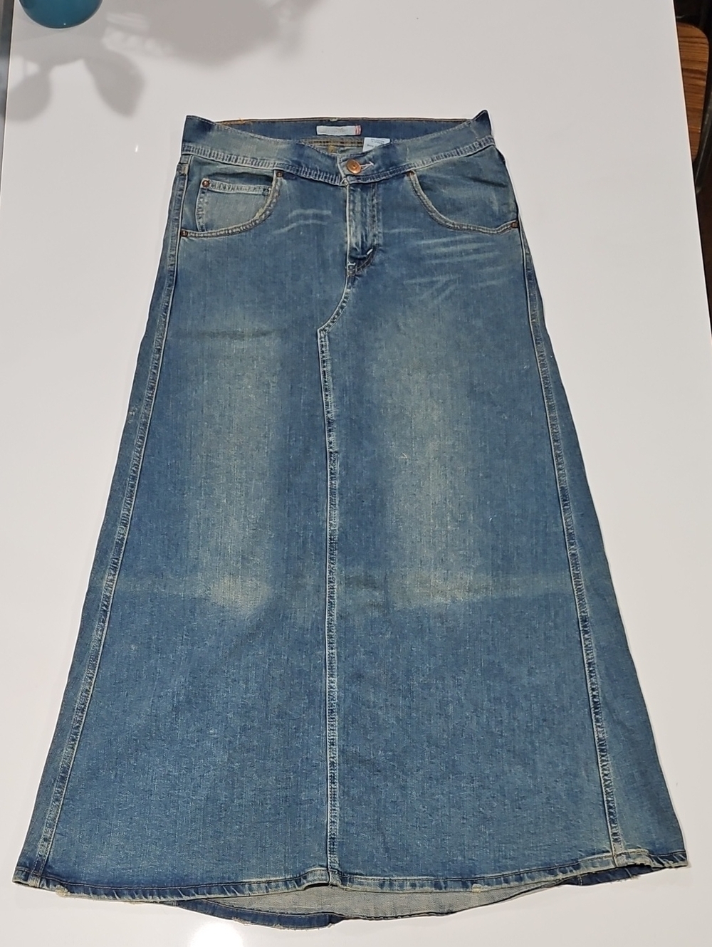 Levi's Blue Denim Flare Maxi Skirt Vintage Distressed. Sz Jr5